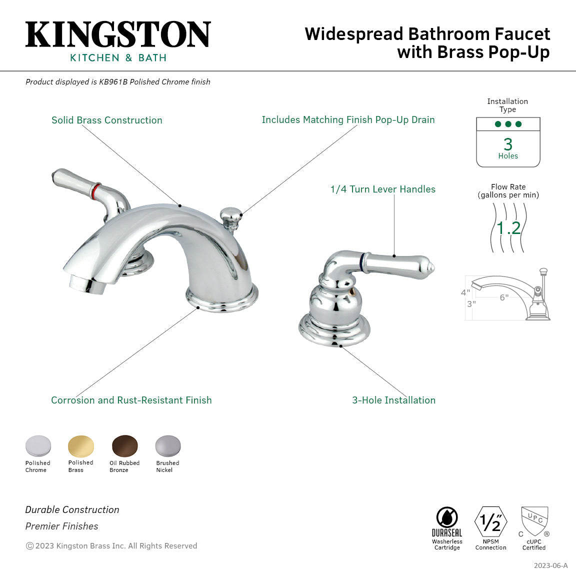 Magellan KB961B Two-Handle 3-Hole Deck Mount Widespread Bathroom Faucet with Brass Pop-Up, Polished Chrome