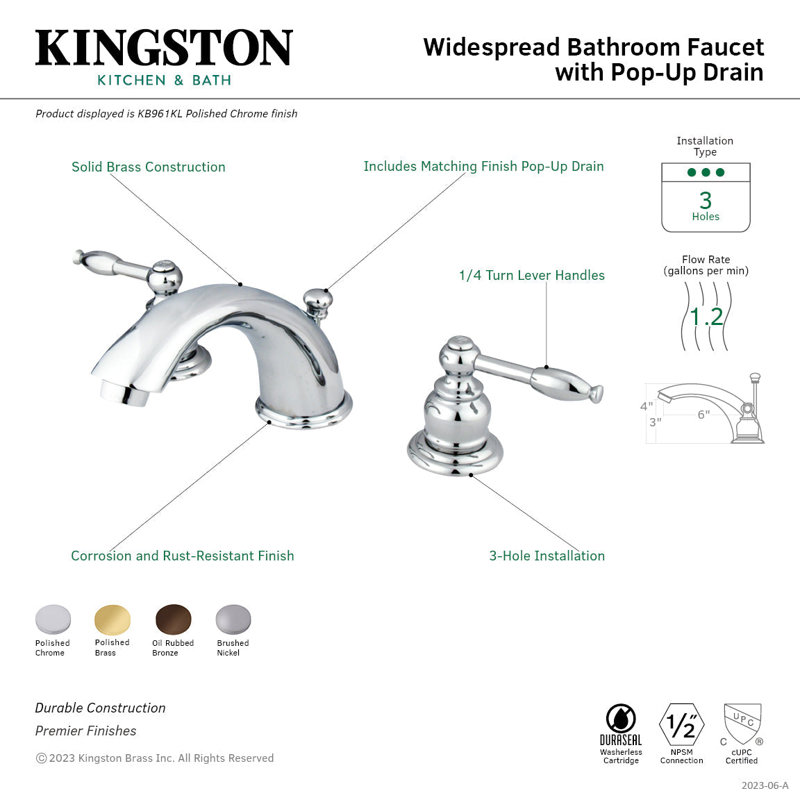 Magellan KB961KL Two-Handle 3-Hole Deck Mount Widespread Bathroom Faucet with Plastic Pop-Up, Polished Chrome