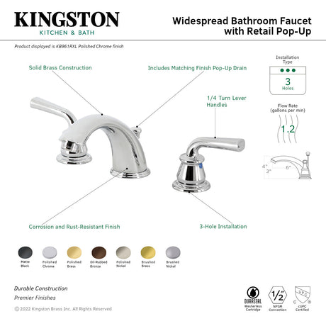 Restoration KB961RXL Two-Handle 3-Hole Deck Mount Widespread Bathroom Faucet with Plastic Pop-Up, Polished Chrome