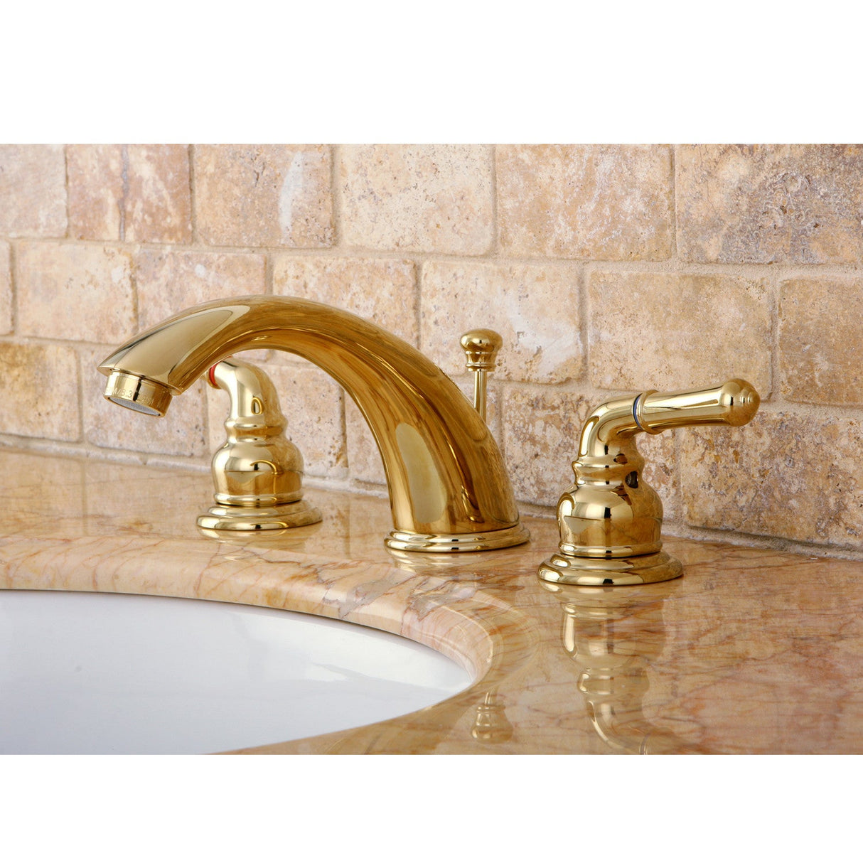 Magellan KB962 Two-Handle 3-Hole Deck Mount Widespread Bathroom Faucet with Plastic Pop-Up, Polished Brass