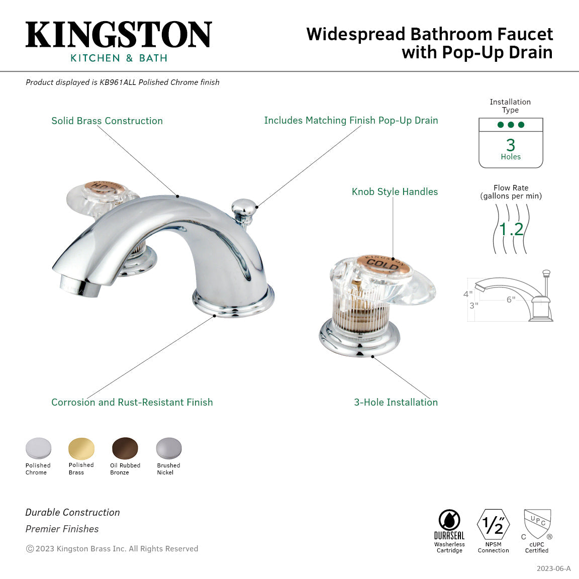 Magellan KB962ALL Two-Handle 3-Hole Deck Mount Widespread Bathroom Faucet with Plastic Pop-Up, Polished Brass