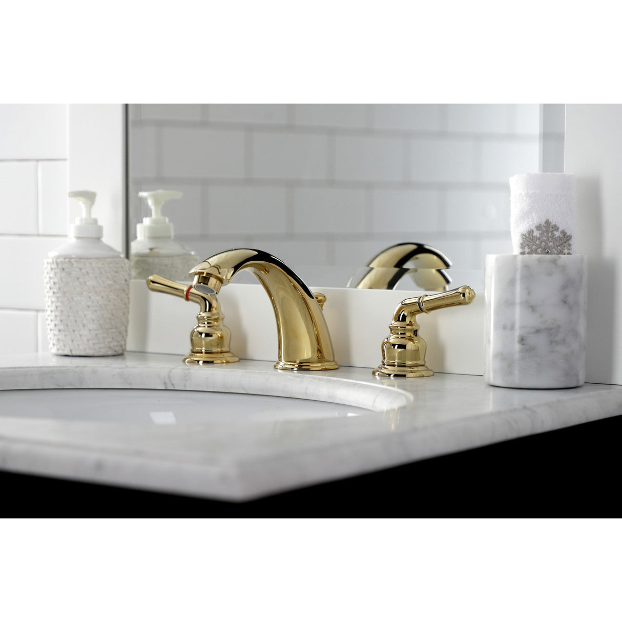 Magellan KB962B Two-Handle 3-Hole Deck Mount Widespread Bathroom Faucet with Brass Pop-Up, Polished Brass