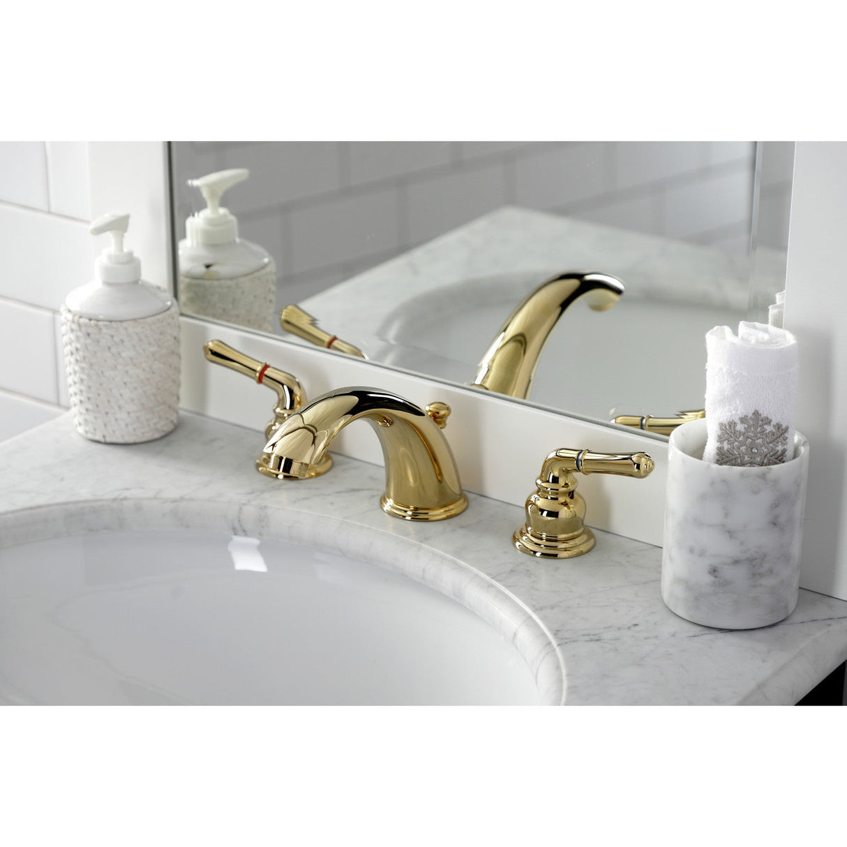 Magellan KB962B Two-Handle 3-Hole Deck Mount Widespread Bathroom Faucet with Brass Pop-Up, Polished Brass