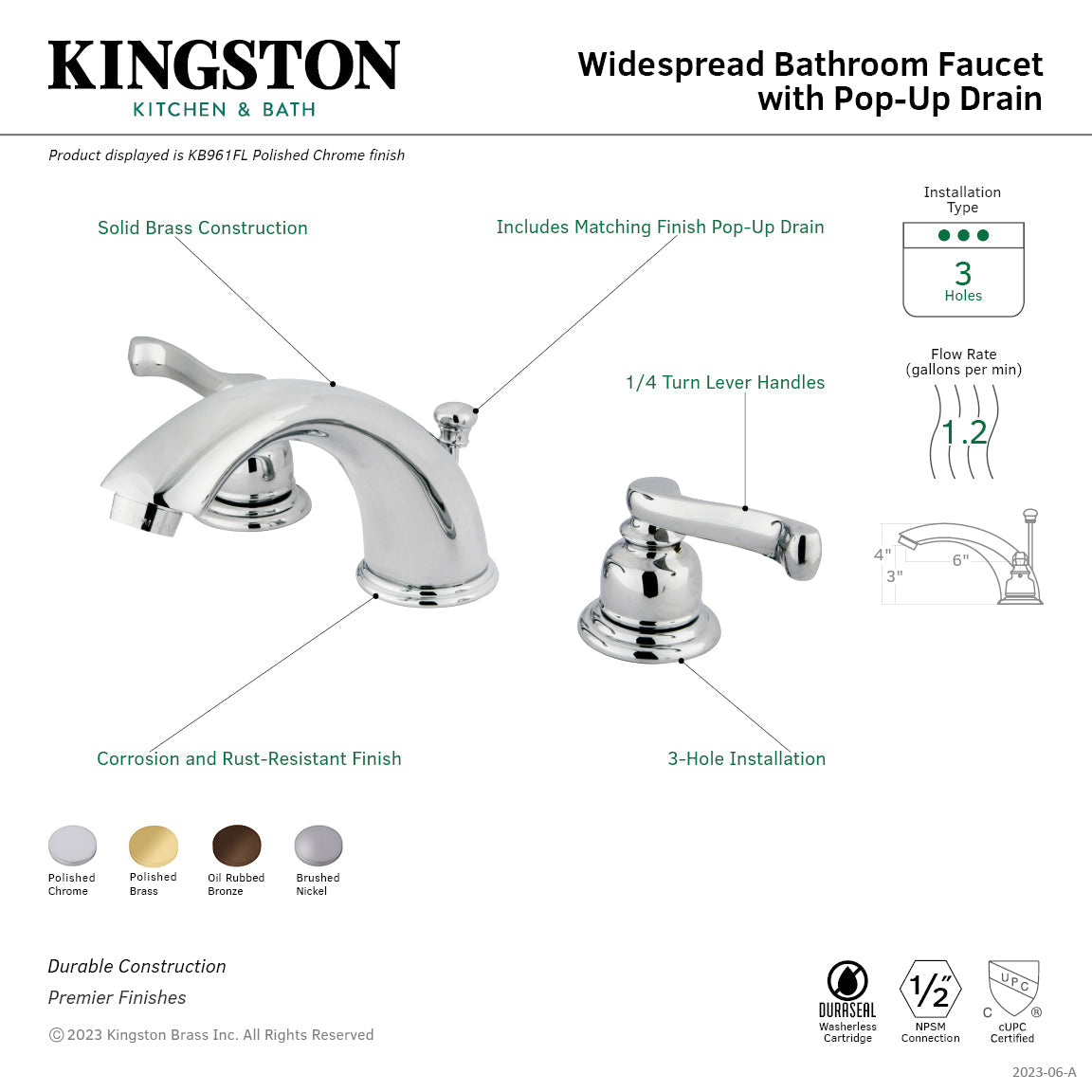 Magellan KB962FL Two-Handle 3-Hole Deck Mount Widespread Bathroom Faucet with Plastic Pop-Up, Polished Brass