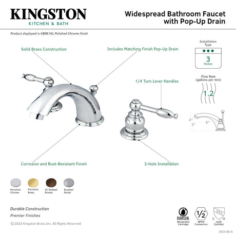 Magellan KB962KL Two-Handle 3-Hole Deck Mount Widespread Bathroom Faucet with Plastic Pop-Up, Polished Brass