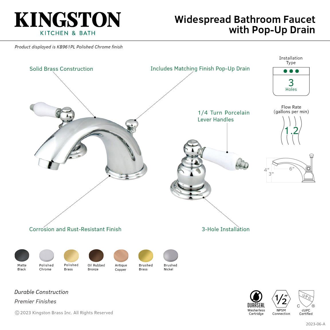 Magellan KB962PL Two-Handle 3-Hole Deck Mount Widespread Bathroom Faucet with Plastic Pop-Up, Polished Brass