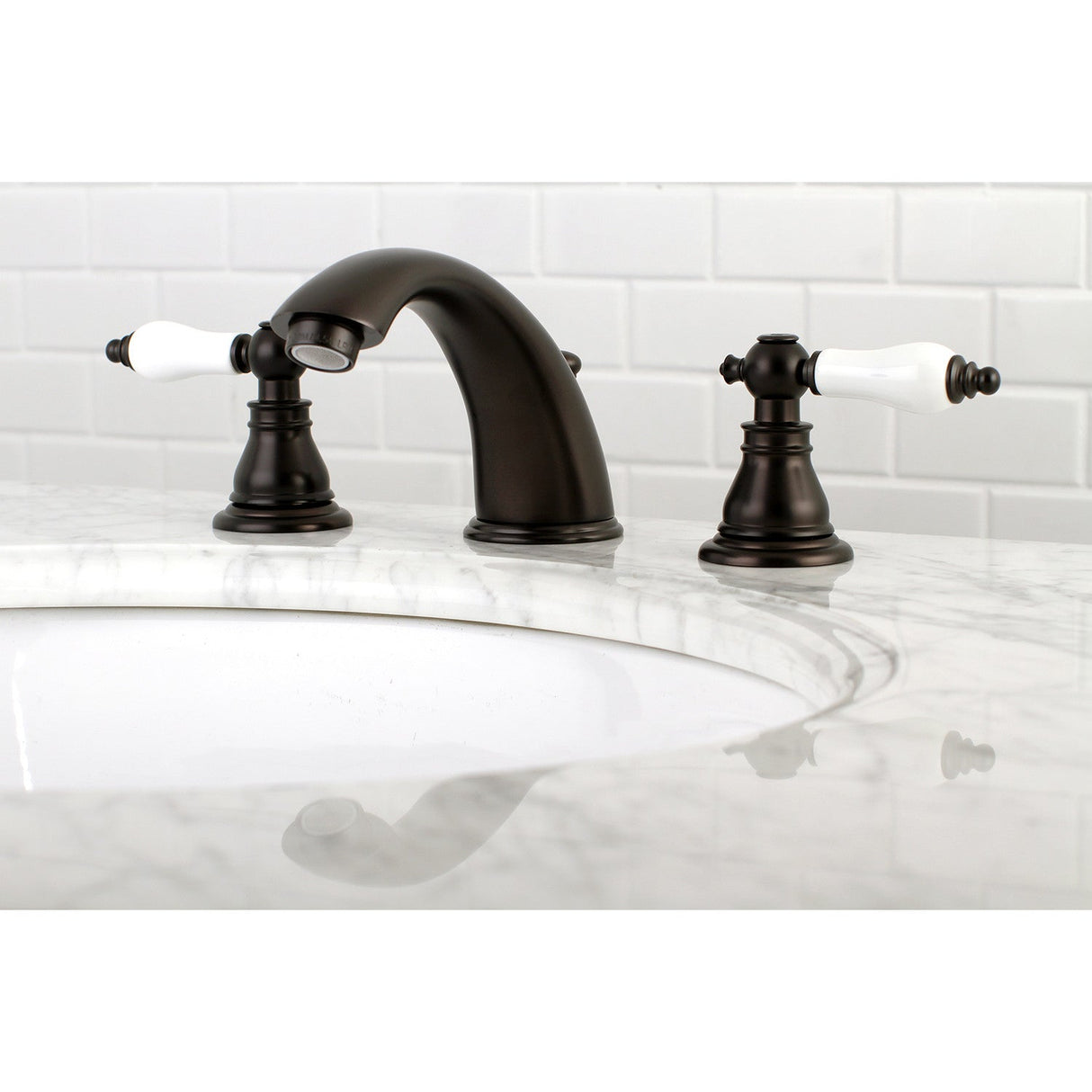 American Patriot KB965APL Two-Handle 3-Hole Deck Mount Widespread Bathroom Faucet with Plastic Pop-Up, Oil Rubbed Bronze