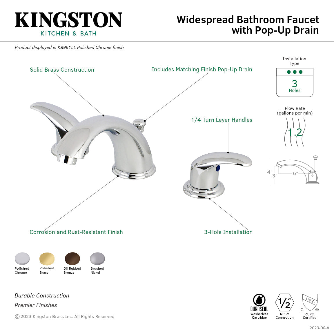 Legacy KB965LL Two-Handle 3-Hole Deck Mount Widespread Bathroom Faucet with Plastic Pop-Up, Oil Rubbed Bronze