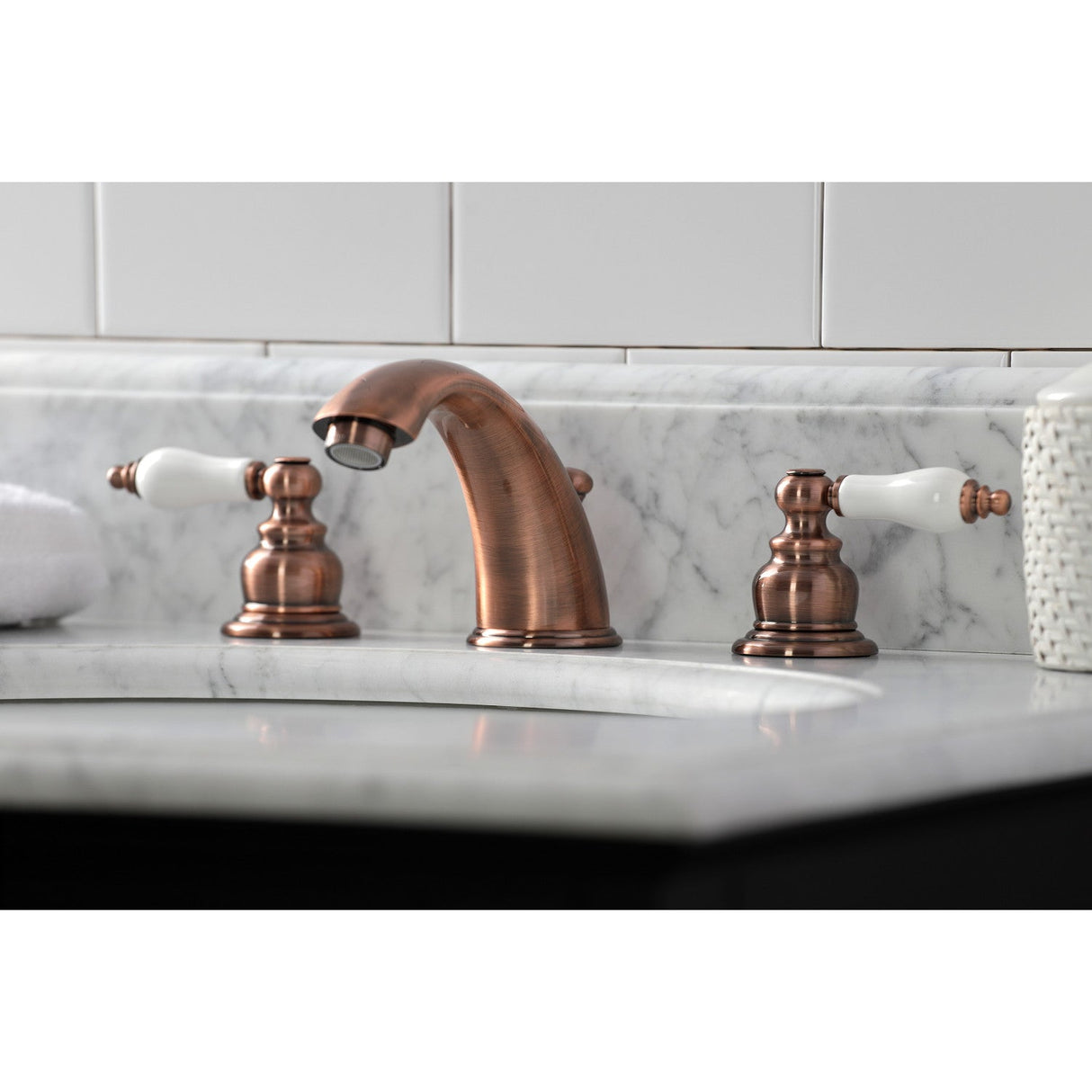 Magellan KB966PL Two-Handle 3-Hole Deck Mount Widespread Bathroom Faucet with Plastic Pop-Up, Antique Copper