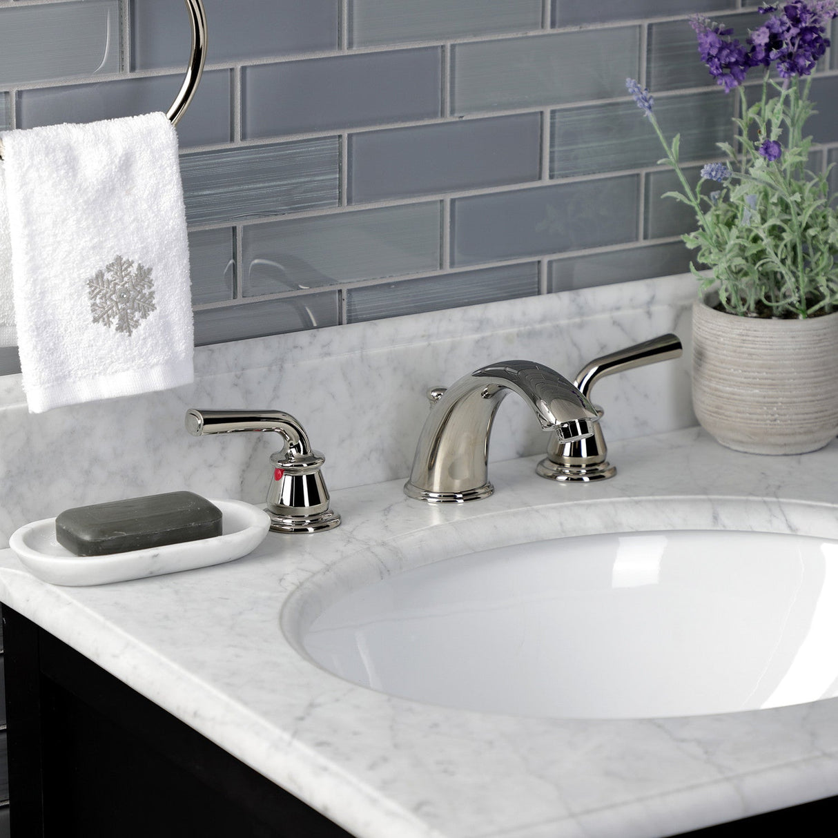 Restoration KB966RXLPN Two-Handle 3-Hole Deck Mount Widespread Bathroom Faucet with Plastic Pop-Up, Polished Nickel