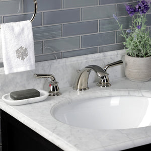 Restoration KB966RXLPN Two-Handle 3-Hole Deck Mount Widespread Bathroom Faucet with Plastic Pop-Up, Polished Nickel