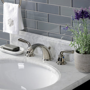 Restoration KB966RXLPN Two-Handle 3-Hole Deck Mount Widespread Bathroom Faucet with Plastic Pop-Up, Polished Nickel