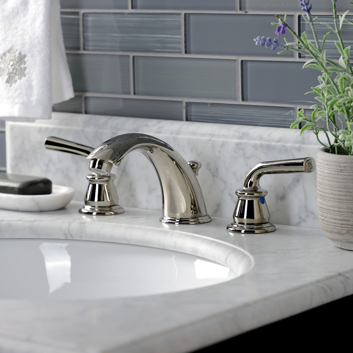 Restoration KB966RXLPN Two-Handle 3-Hole Deck Mount Widespread Bathroom Faucet with Plastic Pop-Up, Polished Nickel