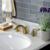 Restoration KB967RXLSB Two-Handle 3-Hole Deck Mount Widespread Bathroom Faucet with Plastic Pop-Up, Brushed Brass