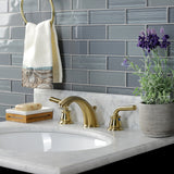 Restoration KB967RXLSB Two-Handle 3-Hole Deck Mount Widespread Bathroom Faucet with Plastic Pop-Up, Brushed Brass