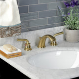 Restoration KB967RXLSB Two-Handle 3-Hole Deck Mount Widespread Bathroom Faucet with Plastic Pop-Up, Brushed Brass