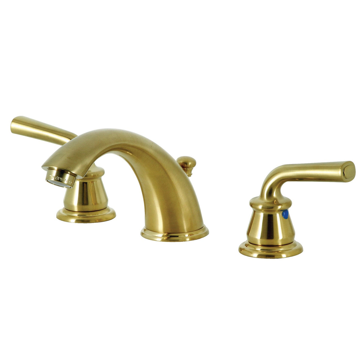 Restoration KB967RXLSB Two-Handle 3-Hole Deck Mount Widespread Bathroom Faucet with Plastic Pop-Up, Brushed Brass
