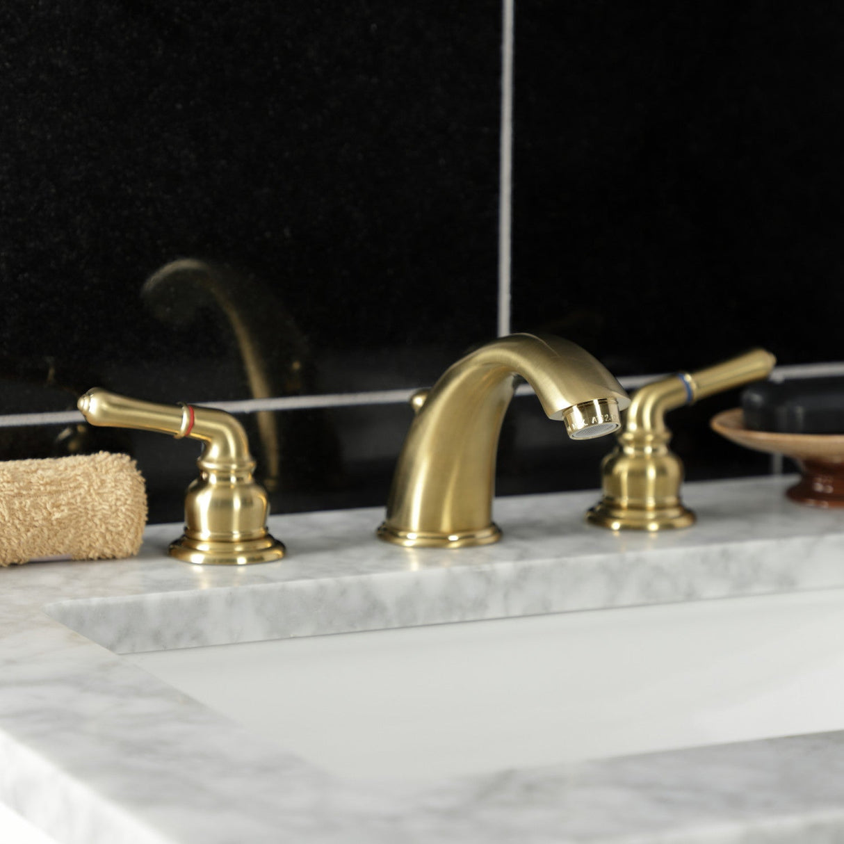 Magellan KB967SB Two-Handle 3-Hole Deck Mount Widespread Bathroom Faucet with Plastic Pop-Up, Brushed Brass