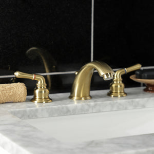 Magellan KB967SB Two-Handle 3-Hole Deck Mount Widespread Bathroom Faucet with Plastic Pop-Up, Brushed Brass