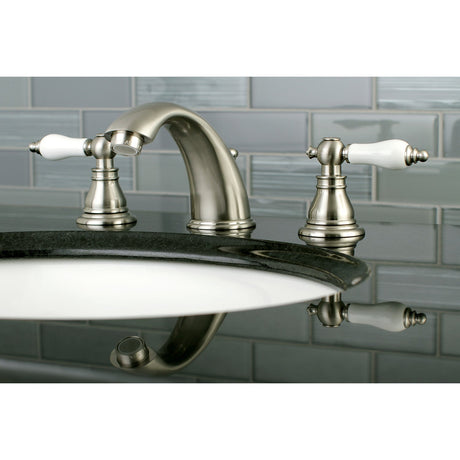 American Patriot KB968APL Two-Handle 3-Hole Deck Mount Widespread Bathroom Faucet with Plastic Pop-Up, Brushed Nickel