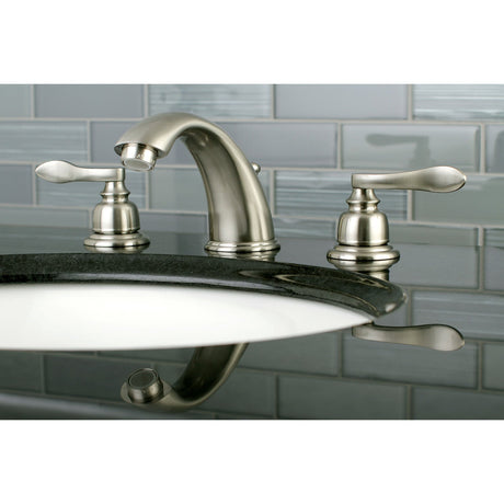 NuWave French KB968NFL Two-Handle 3-Hole Deck Mount Widespread Bathroom Faucet with Plastic Pop-Up, Brushed Nickel