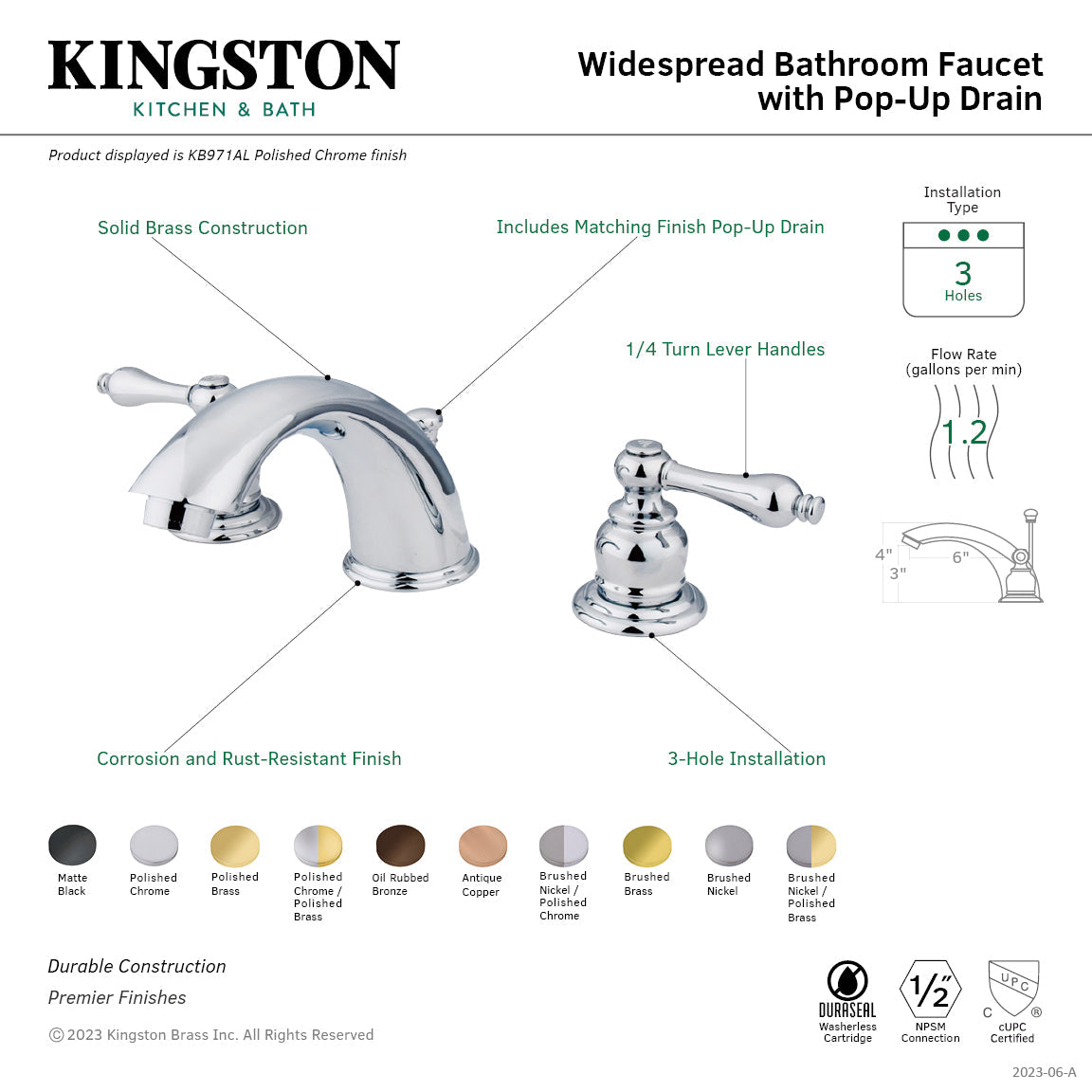 Victorian KB970AL Two-Handle 3-Hole Deck Mount Widespread Bathroom Faucet with Plastic Pop-Up, Matte Black