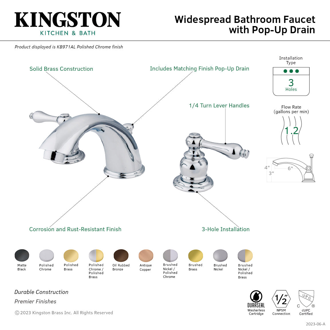 Victorian KB972AL Two-Handle 3-Hole Deck Mount Widespread Bathroom Faucet with Plastic Pop-Up, Polished Brass