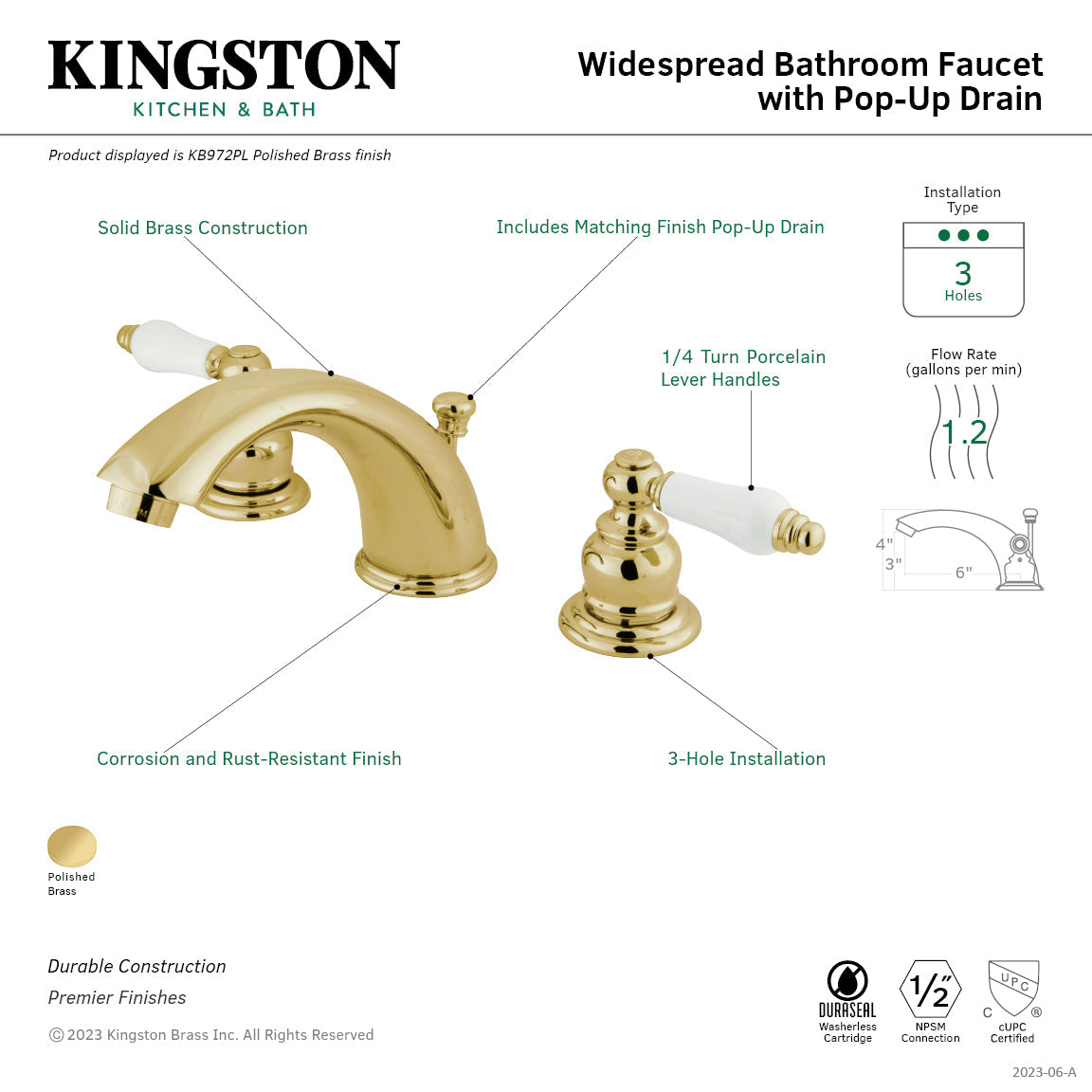 Victorian KB972PL Two-Handle 3-Hole Deck Mount Widespread Bathroom Faucet with Plastic Pop-Up, Polished Brass