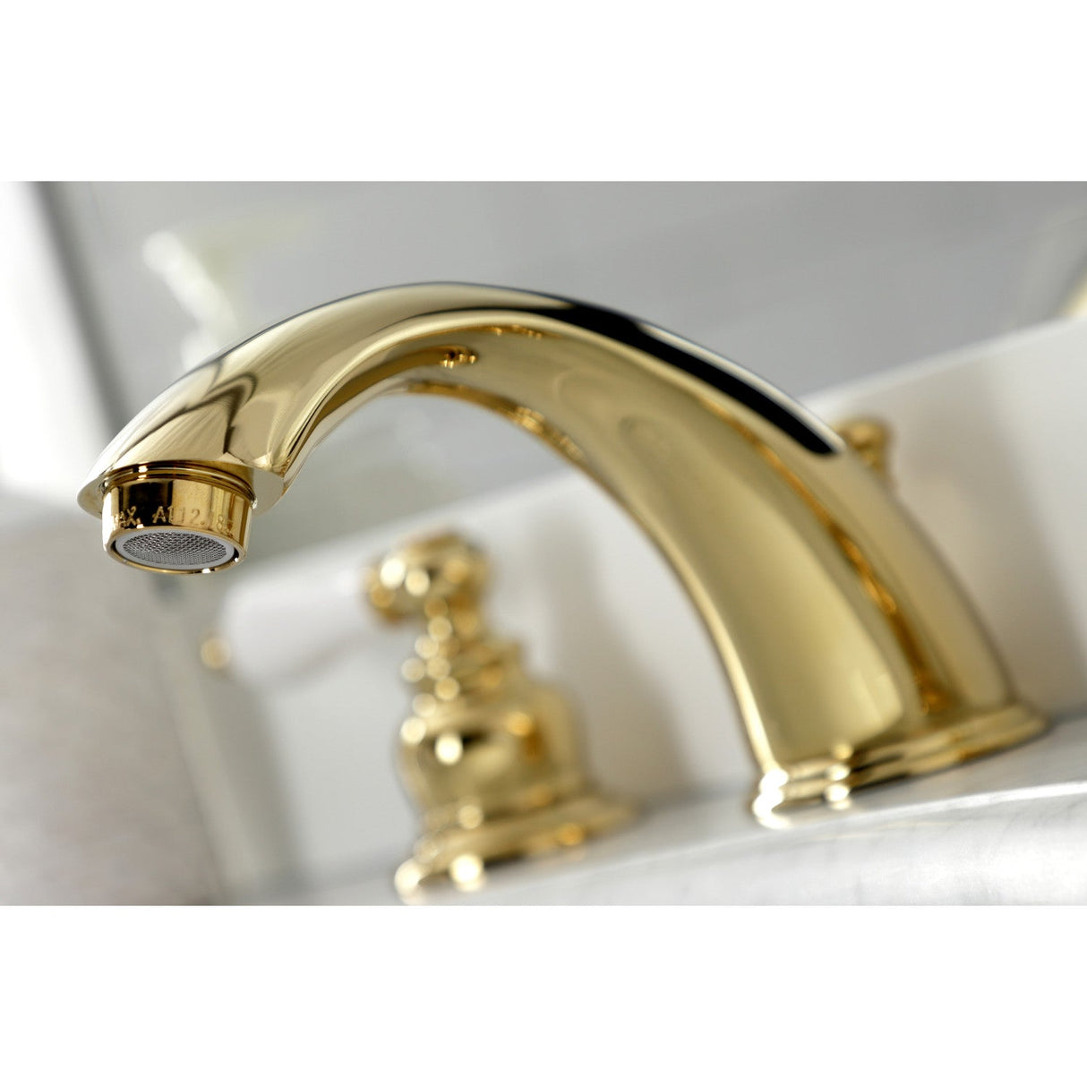 Victorian KB972PLB Two-Handle 3-Hole Deck Mount Widespread Bathroom Faucet with Brass Pop-Up, Polished Brass