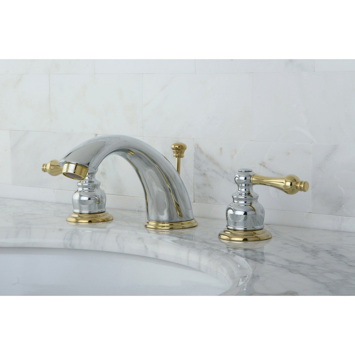 Victorian KB974AL Two-Handle 3-Hole Deck Mount Widespread Bathroom Faucet with Plastic Pop-Up, Polished Chrome/Polished Brass
