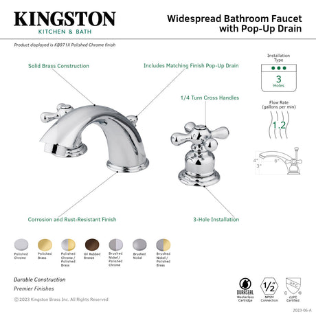 Victorian KB974X Two-Handle 3-Hole Deck Mount Widespread Bathroom Faucet with Plastic Pop-Up, Polished Chrome/Polished Brass