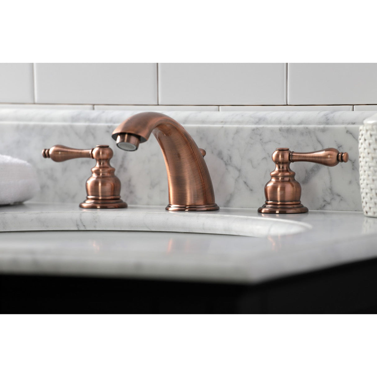 Victorian KB976AL Two-Handle 3-Hole Deck Mount Widespread Bathroom Faucet with Plastic Pop-Up, Antique Copper