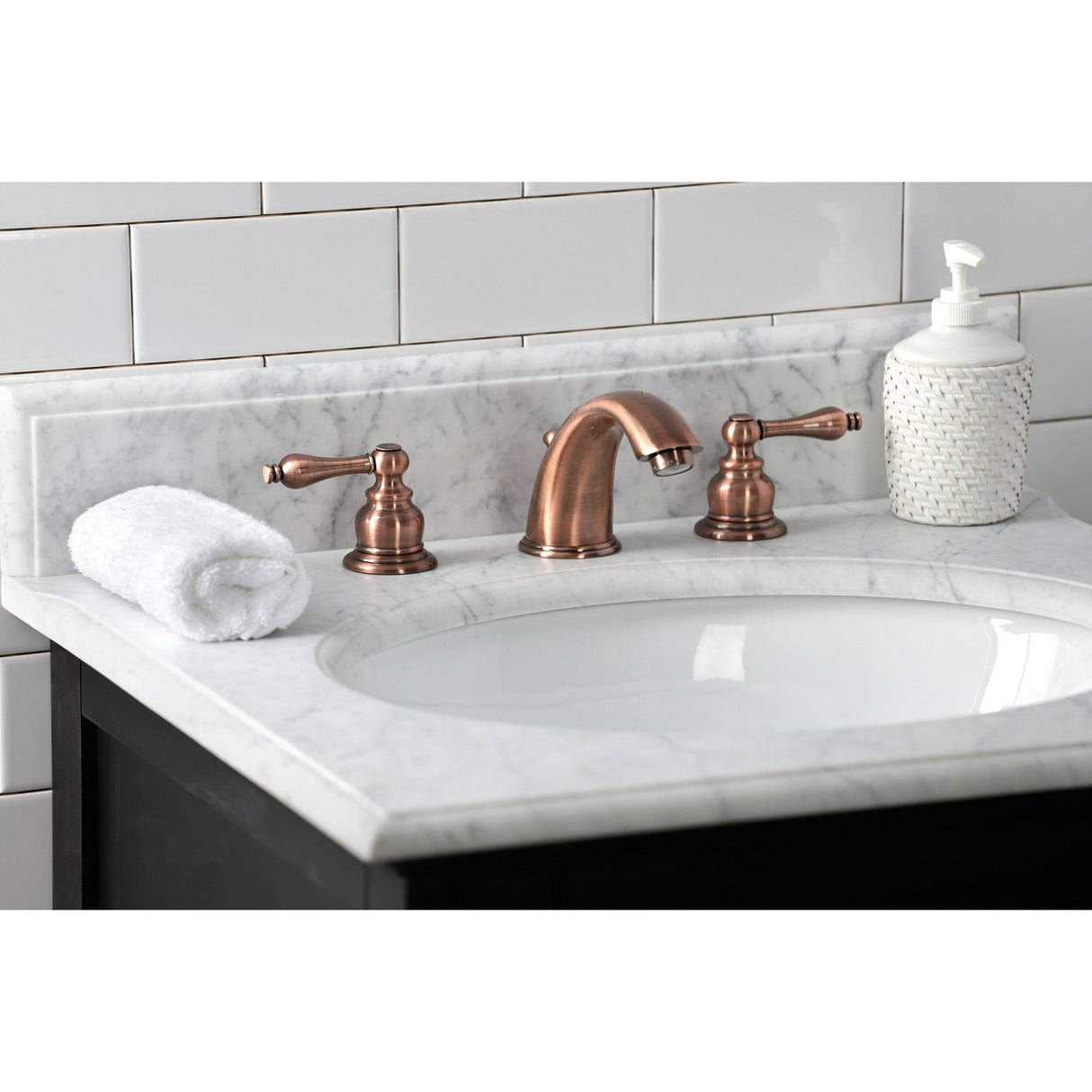 Victorian KB976AL Two-Handle 3-Hole Deck Mount Widespread Bathroom Faucet with Plastic Pop-Up, Antique Copper