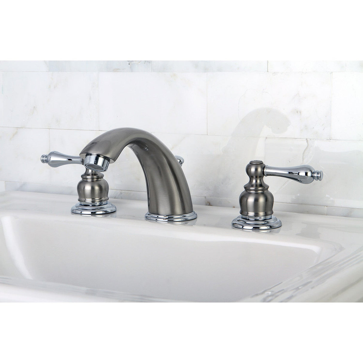 Victorian KB977AL Two-Handle 3-Hole Deck Mount Widespread Bathroom Faucet with Plastic Pop-Up, Brushed Nickel/Polished Chrome