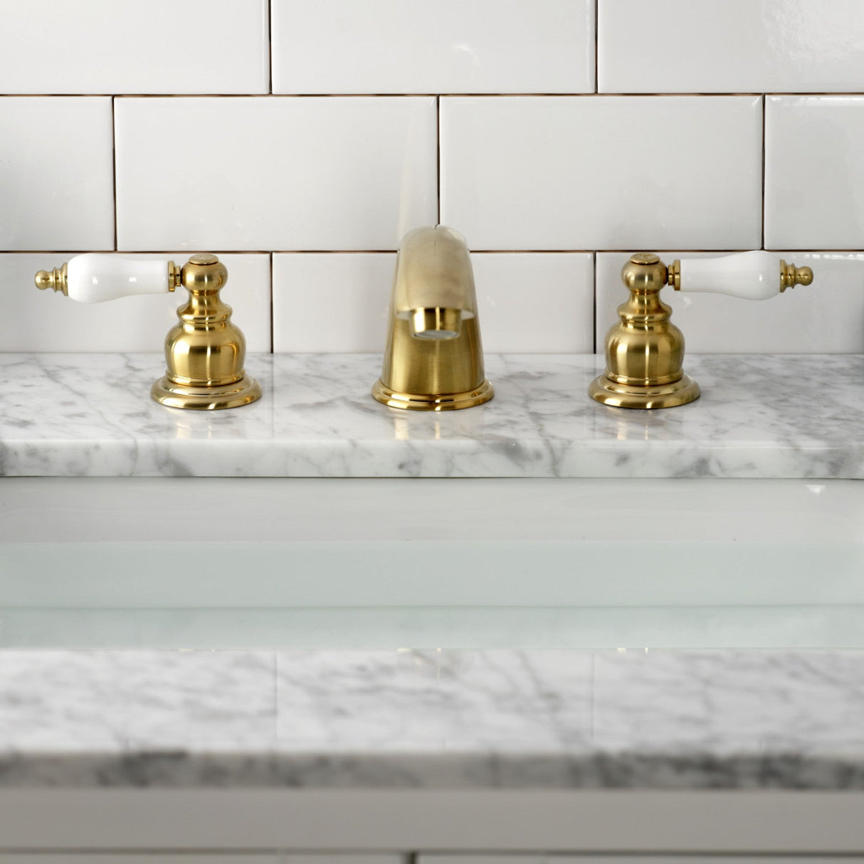 Victorian KB977B Two-Handle 3-Hole Deck Mount Widespread Bathroom Faucet with Plastic Pop-Up, Brushed Brass