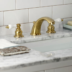 Victorian KB977B Two-Handle 3-Hole Deck Mount Widespread Bathroom Faucet with Plastic Pop-Up, Brushed Brass