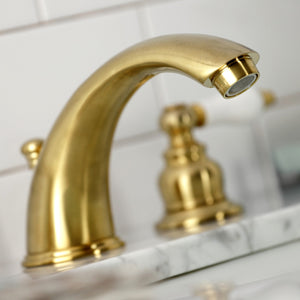 Victorian KB977B Two-Handle 3-Hole Deck Mount Widespread Bathroom Faucet with Plastic Pop-Up, Brushed Brass