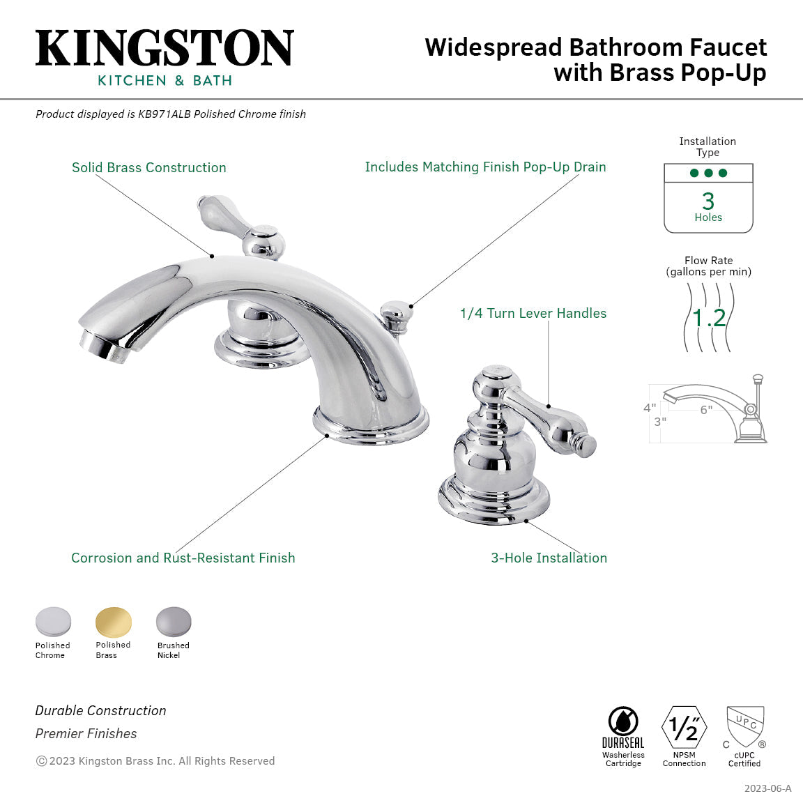 Victorian KB978ALB Two-Handle 3-Hole Deck Mount Widespread Bathroom Faucet with Brass Pop-Up, Brushed Nickel