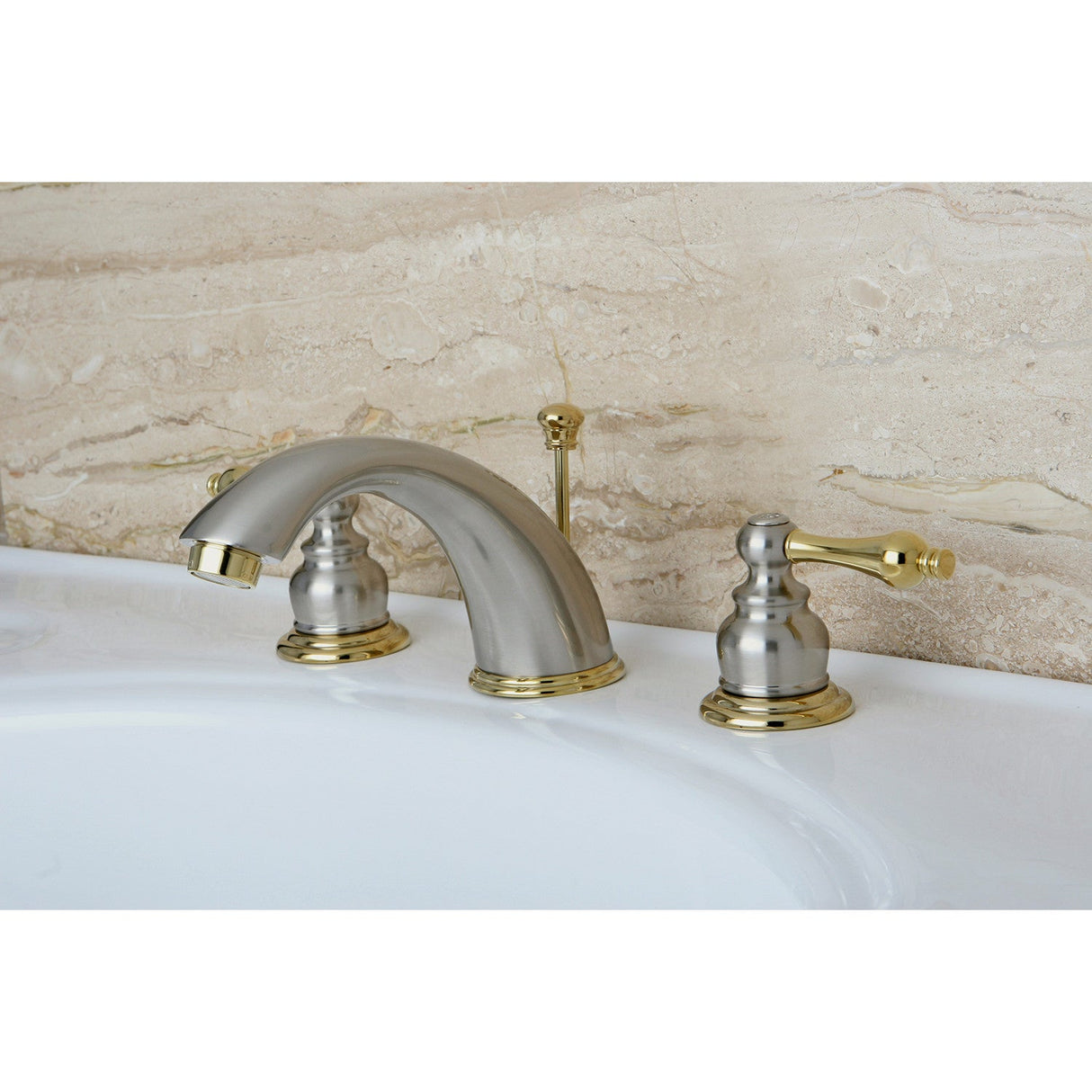 Victorian KB979AL Two-Handle 3-Hole Deck Mount Widespread Bathroom Faucet with Plastic Pop-Up, Brushed Nickel/Polished Brass