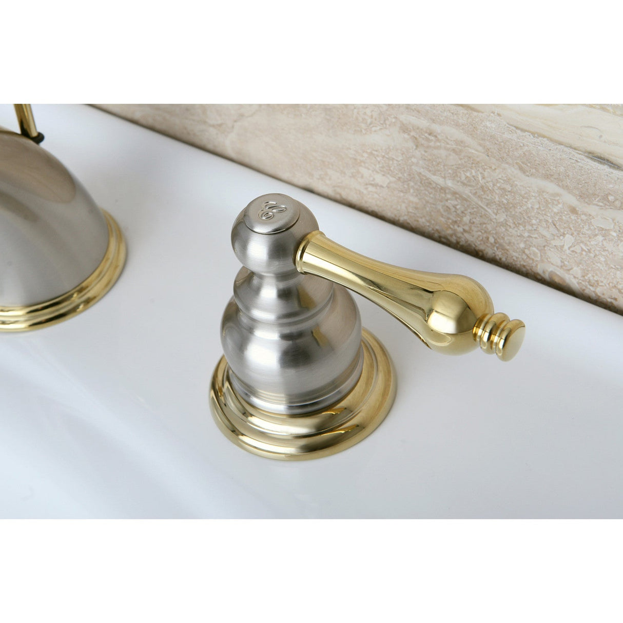 Victorian KB979AL Two-Handle 3-Hole Deck Mount Widespread Bathroom Faucet with Plastic Pop-Up, Brushed Nickel/Polished Brass