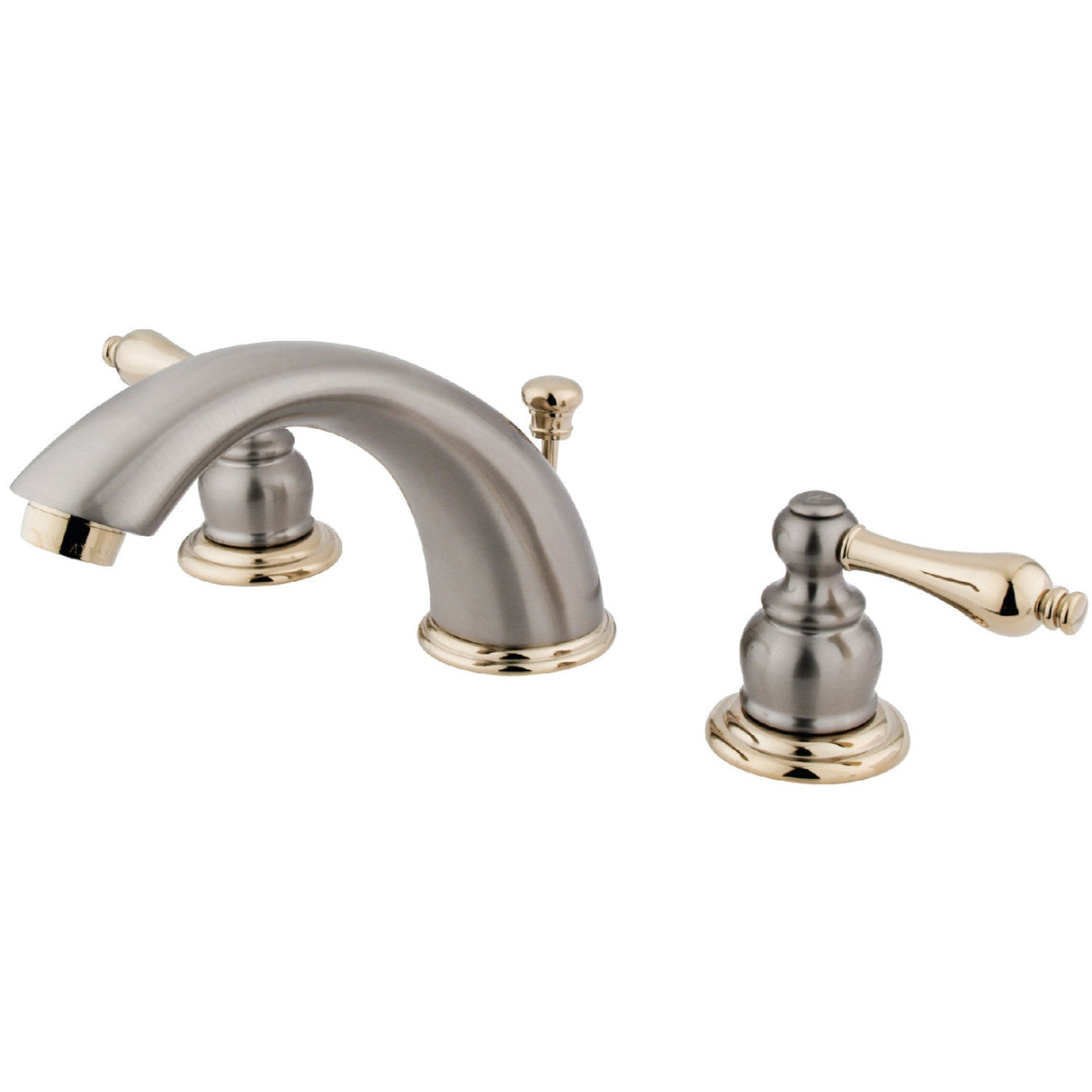 Victorian KB979AL Two-Handle 3-Hole Deck Mount Widespread Bathroom Faucet with Plastic Pop-Up, Brushed Nickel/Polished Brass