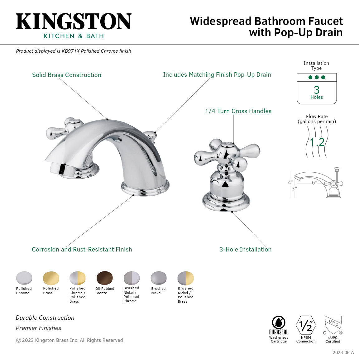 Victorian KB979X Two-Handle 3-Hole Deck Mount Widespread Bathroom Faucet with Plastic Pop-Up, Brushed Nickel/Polished Brass