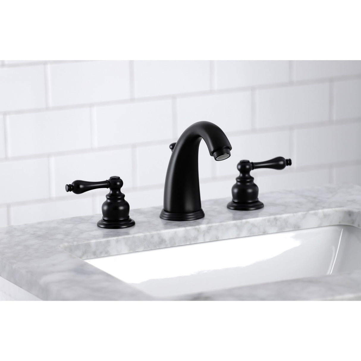 Victorian KB980AL Two-Handle 3-Hole Deck Mount Widespread Bathroom Faucet with Plastic Pop-Up, Matte Black