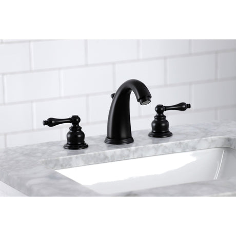 Victorian KB980AL Two-Handle 3-Hole Deck Mount Widespread Bathroom Faucet with Plastic Pop-Up, Matte Black