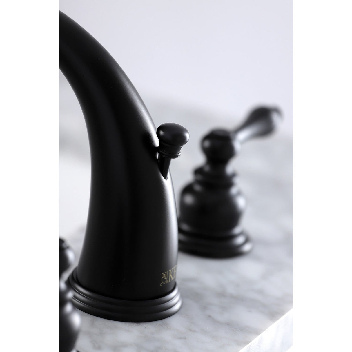 Victorian KB980AL Two-Handle 3-Hole Deck Mount Widespread Bathroom Faucet with Plastic Pop-Up, Matte Black