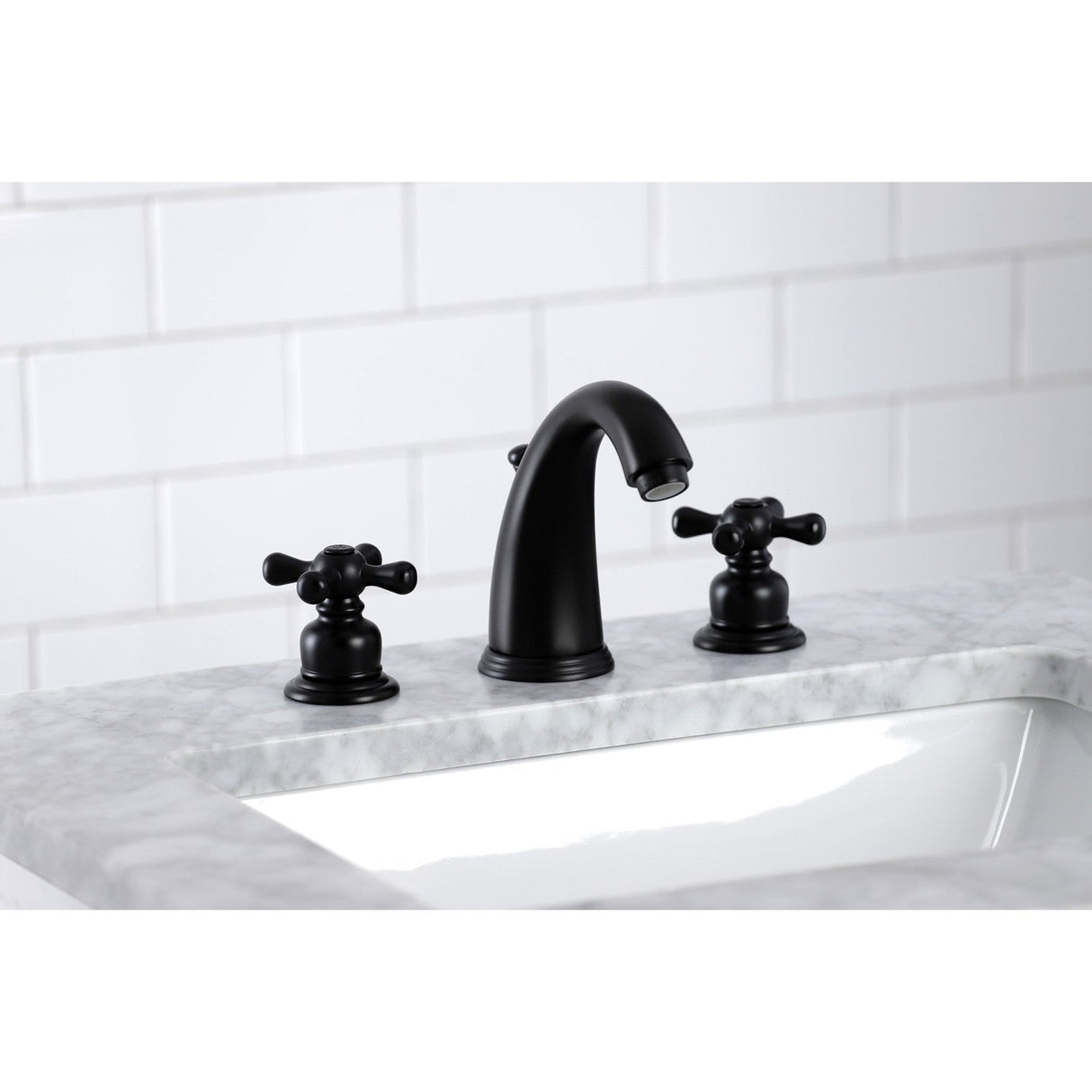 Victorian KB980AX Two-Handle 3-Hole Deck Mount Widespread Bathroom Faucet with Plastic Pop-Up, Matte Black