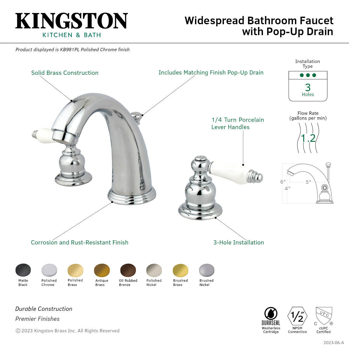 Victorian KB980PL Two-Handle 3-Hole Deck Mount Widespread Bathroom Faucet with Plastic Pop-Up, Matte Black