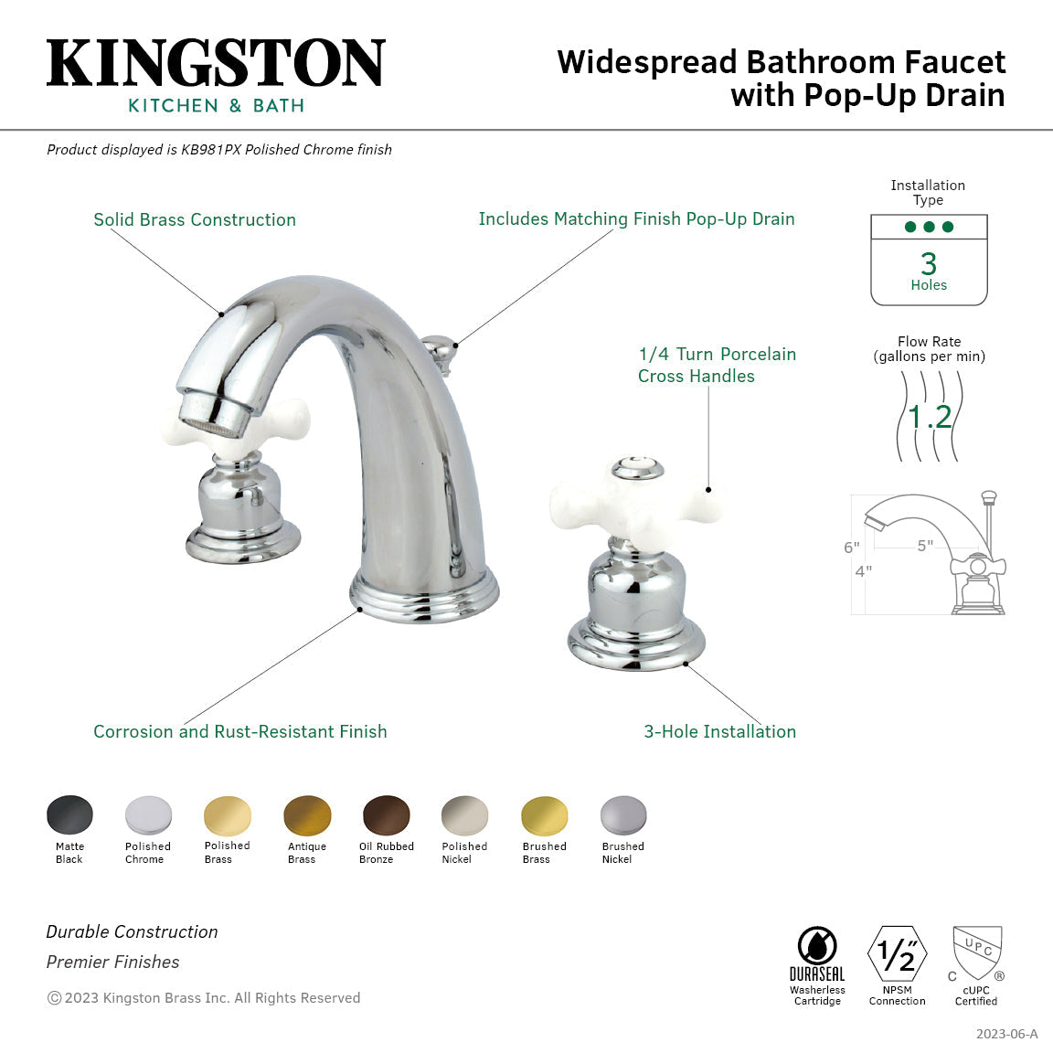 Victorian KB980PX Two-Handle 3-Hole Deck Mount Widespread Bathroom Faucet with Plastic Pop-Up, Matte Black