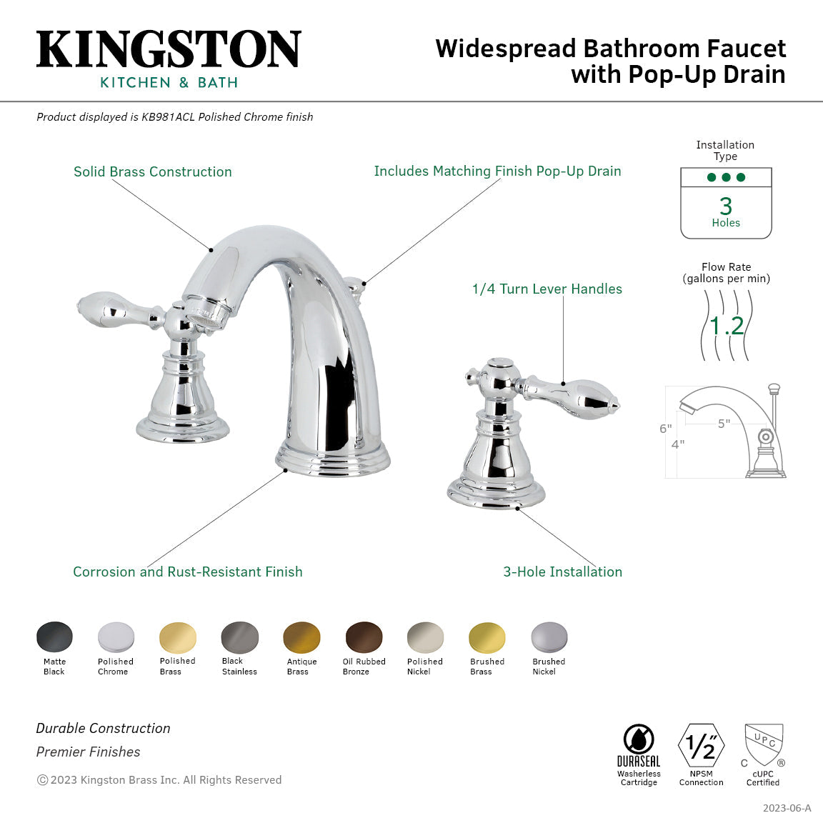 American Classic KB981ACL Two-Handle 3-Hole Deck Mount Widespread Bathroom Faucet with Plastic Pop-Up, Polished Chrome