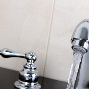 Victorian KB981AL Two-Handle 3-Hole Deck Mount Widespread Bathroom Faucet with Plastic Pop-Up, Polished Chrome